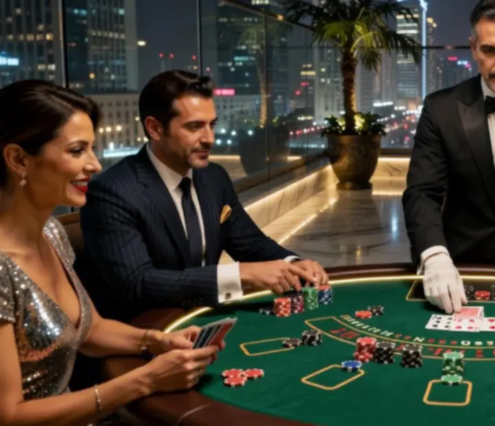 Prawdziwy stół blackjack na zewnętrznym tarasie Laksmi Market Kft z kartami i żetonami.
