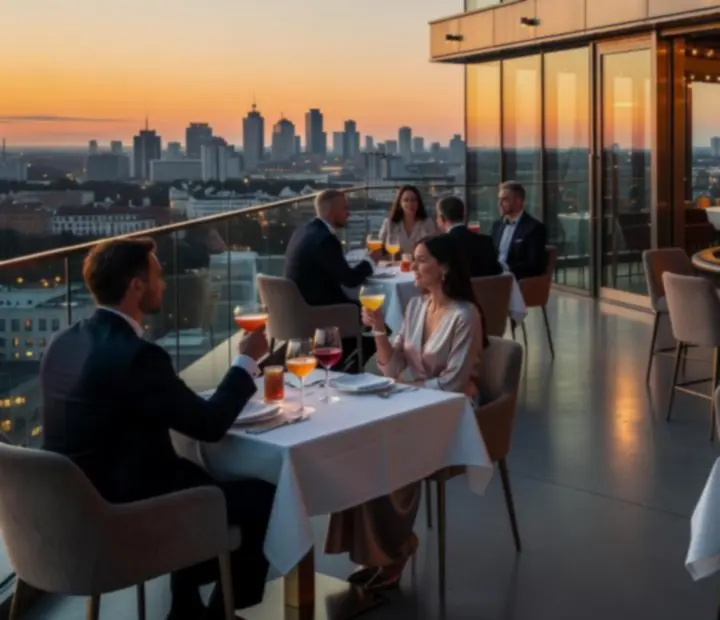 Oświetlony taras restauracyjny Laksmi Market Kft o zachodzie słońca z widokiem na miasto i stołami do gier casino.