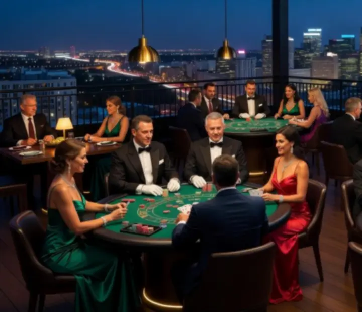 Fizyczne stoły do blackjacka, pokera i ruletki na tarasie Laksmi Market Kft podczas nocnego wydarzenia