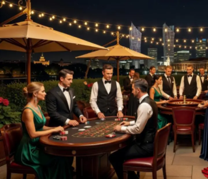 Goście grający przy stołach blackjack i ruletka na dachu Laksmi Market Kft