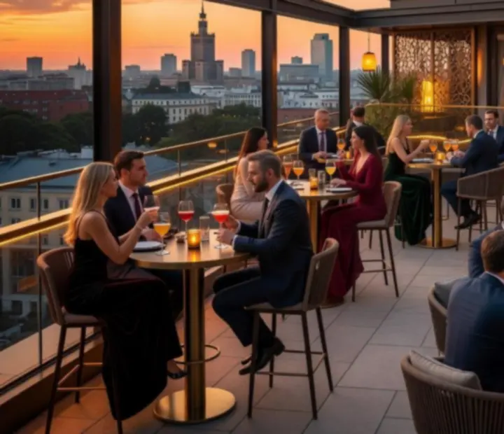 Wieczorny widok na taras restauracji Laksmi Market Kft z gośćmi przy stołach i miejskimi światłami w tle