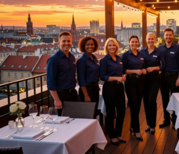 Zespół Laksmi Market Kft pracujący na oświetlonym tarasie rooftop w wieczornej atmosferze
