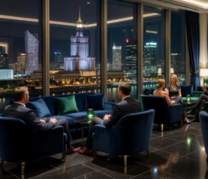 Tarasowy VIP lounge Laksmi Market Kft z oszklonymi cabanami podczas wieczoru